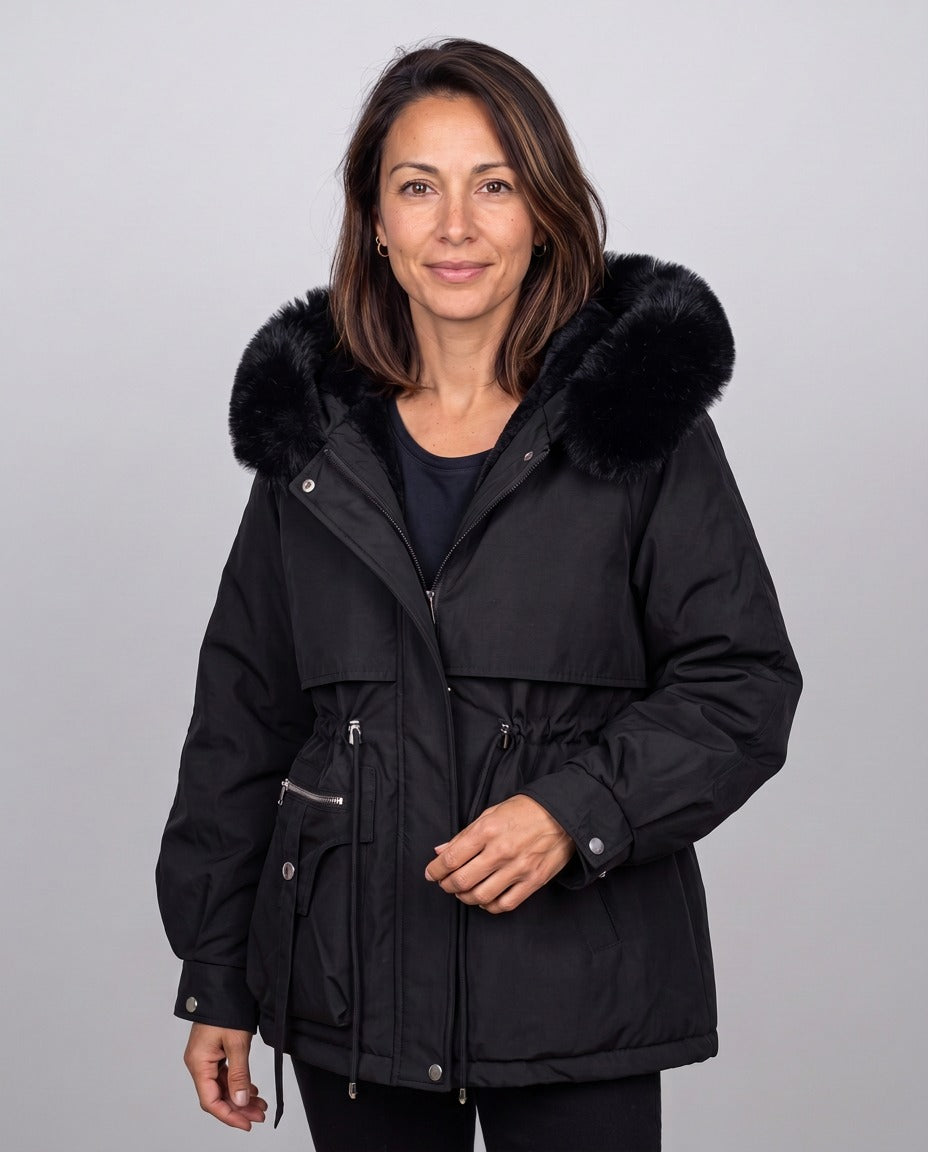 Parka Cervinia con cappuccio in ecopelliccia — Nero