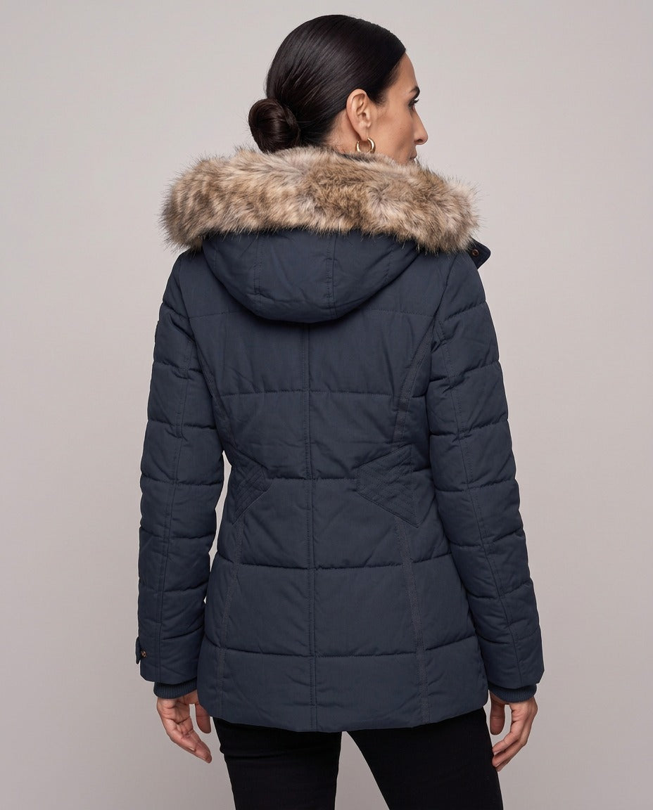 Piumino Cortina trapuntato con cappuccio in ecopelliccia — Blu Navy