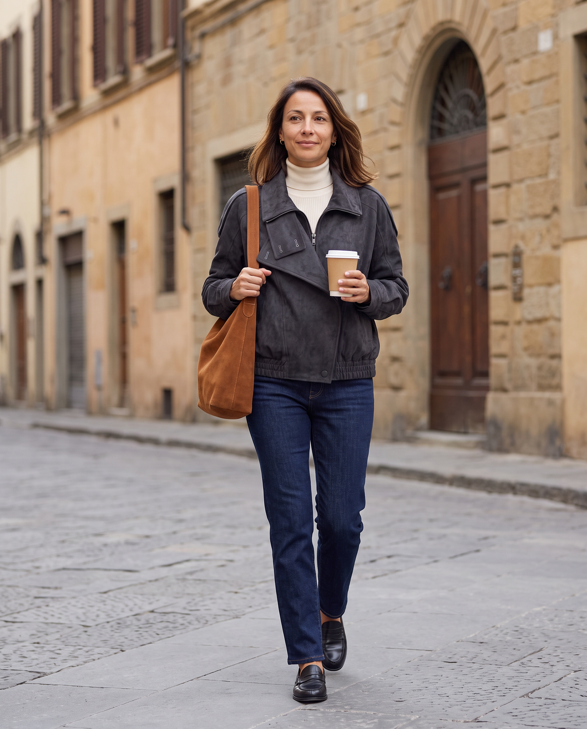 Giacca biker Livia antracite indossata per strada a Firenze in autunno con jeans e borsa in suede